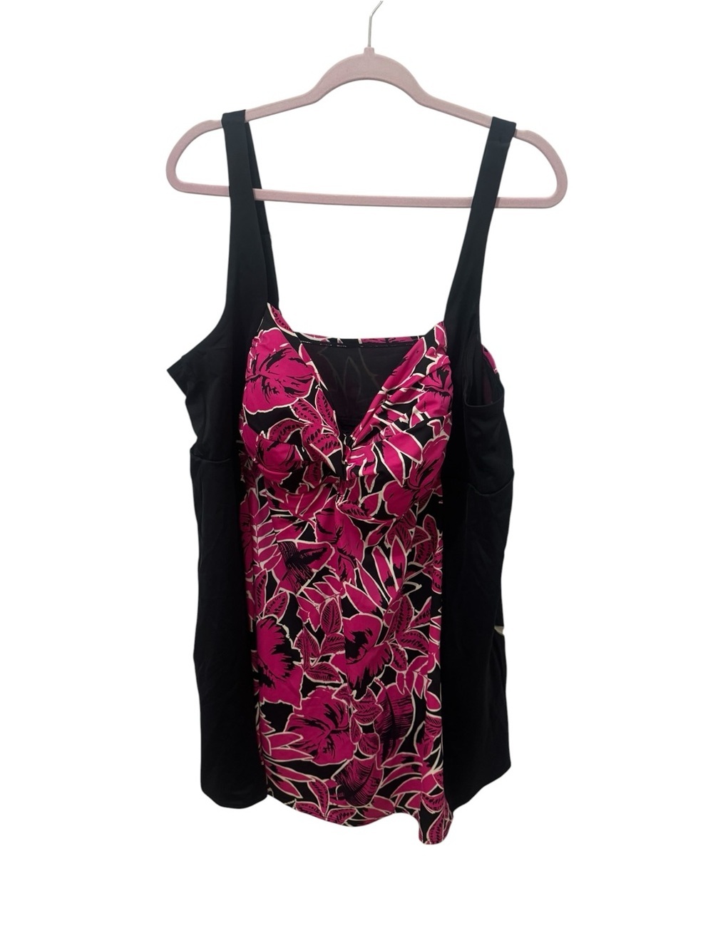 Catherines 28W Black Pink Floral Swim Dress One Piece NWOT